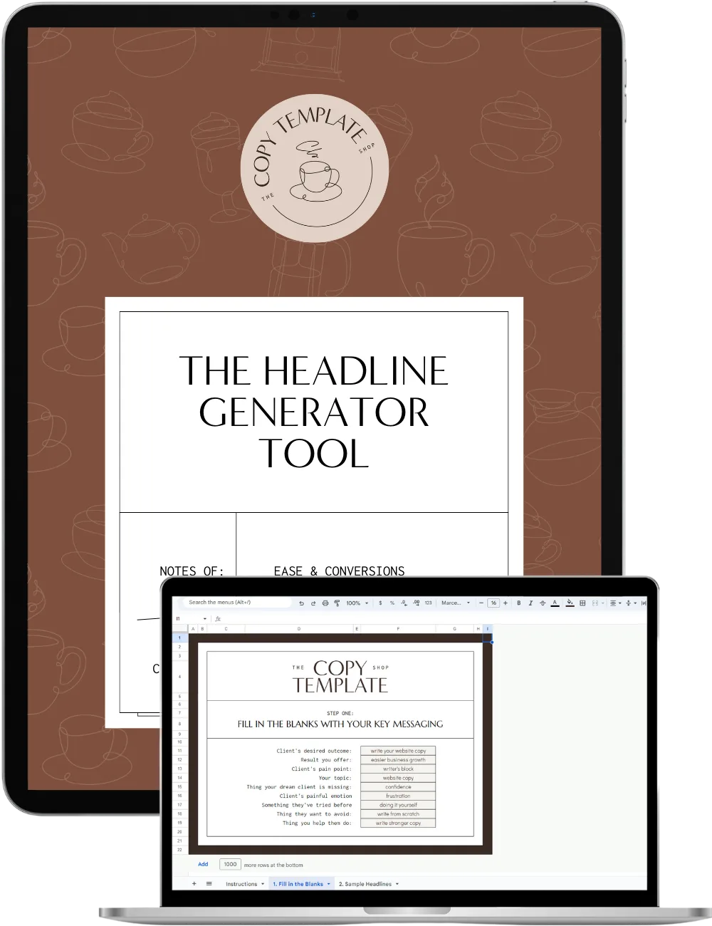 Headline Generator Tool shown on a laptop with a download document shown on a tablet