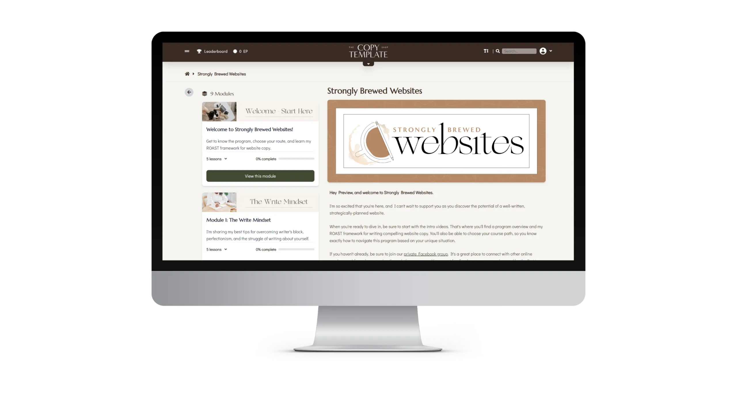 screenshot of video showing the inside of a website copywriting course, on a computer screen