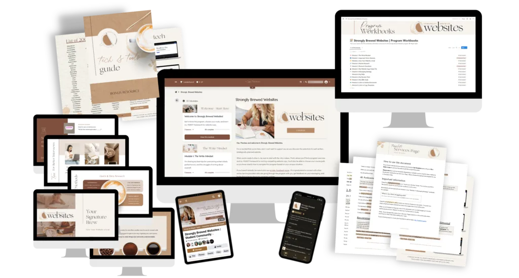 mockup showing the full contents of strongly brewed websites, a website copywriting course by megan taylor
