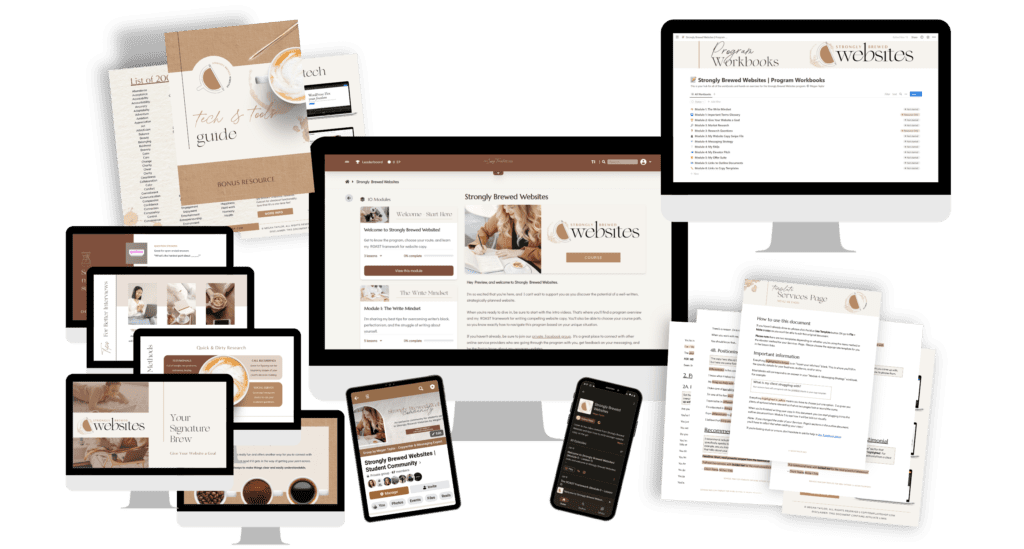 mockup showing the full contents of strongly brewed websites, a website copywriting course by megan taylor