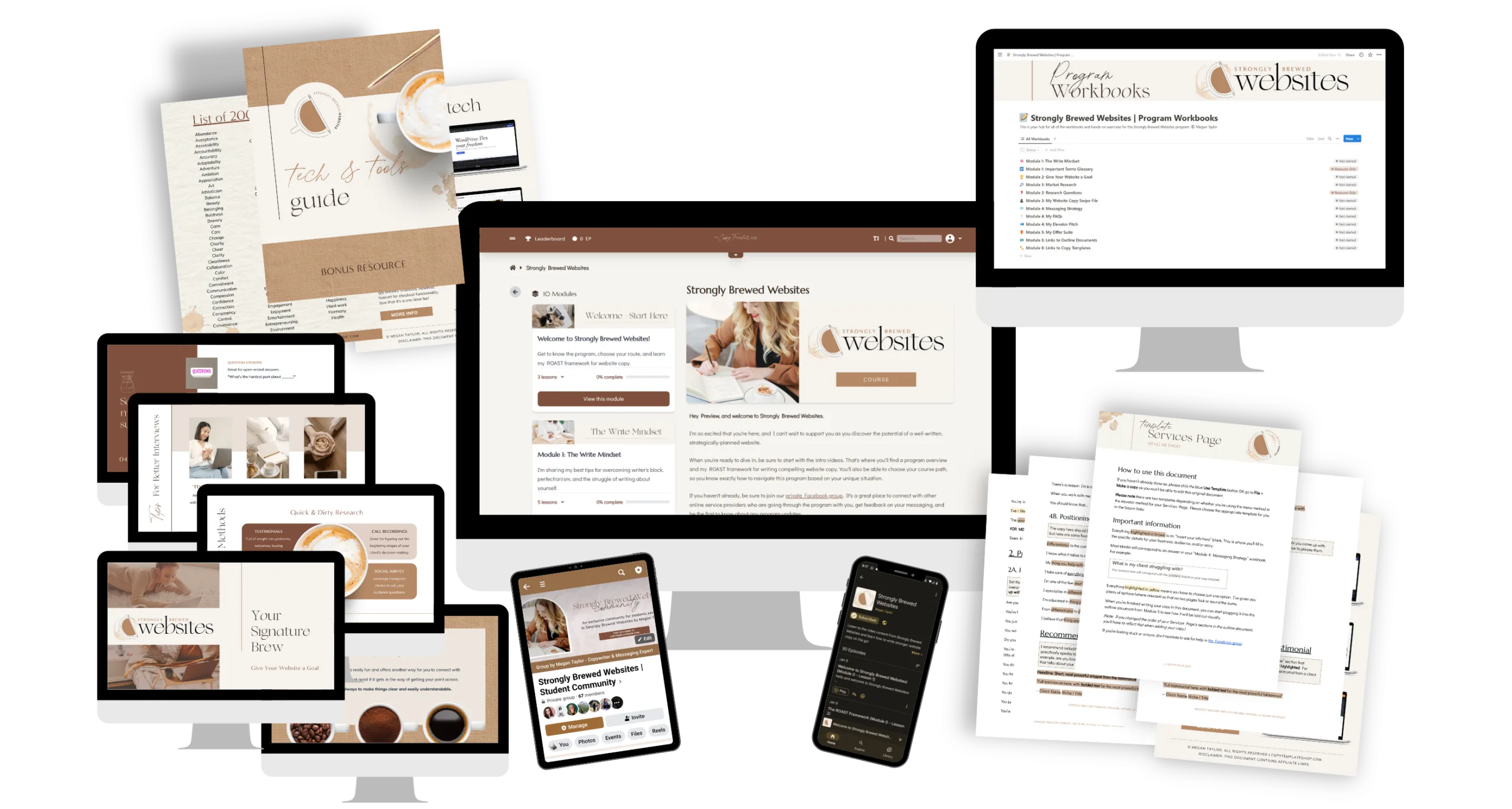 mockup showing the full contents of strongly brewed websites, a website copywriting course by megan taylor