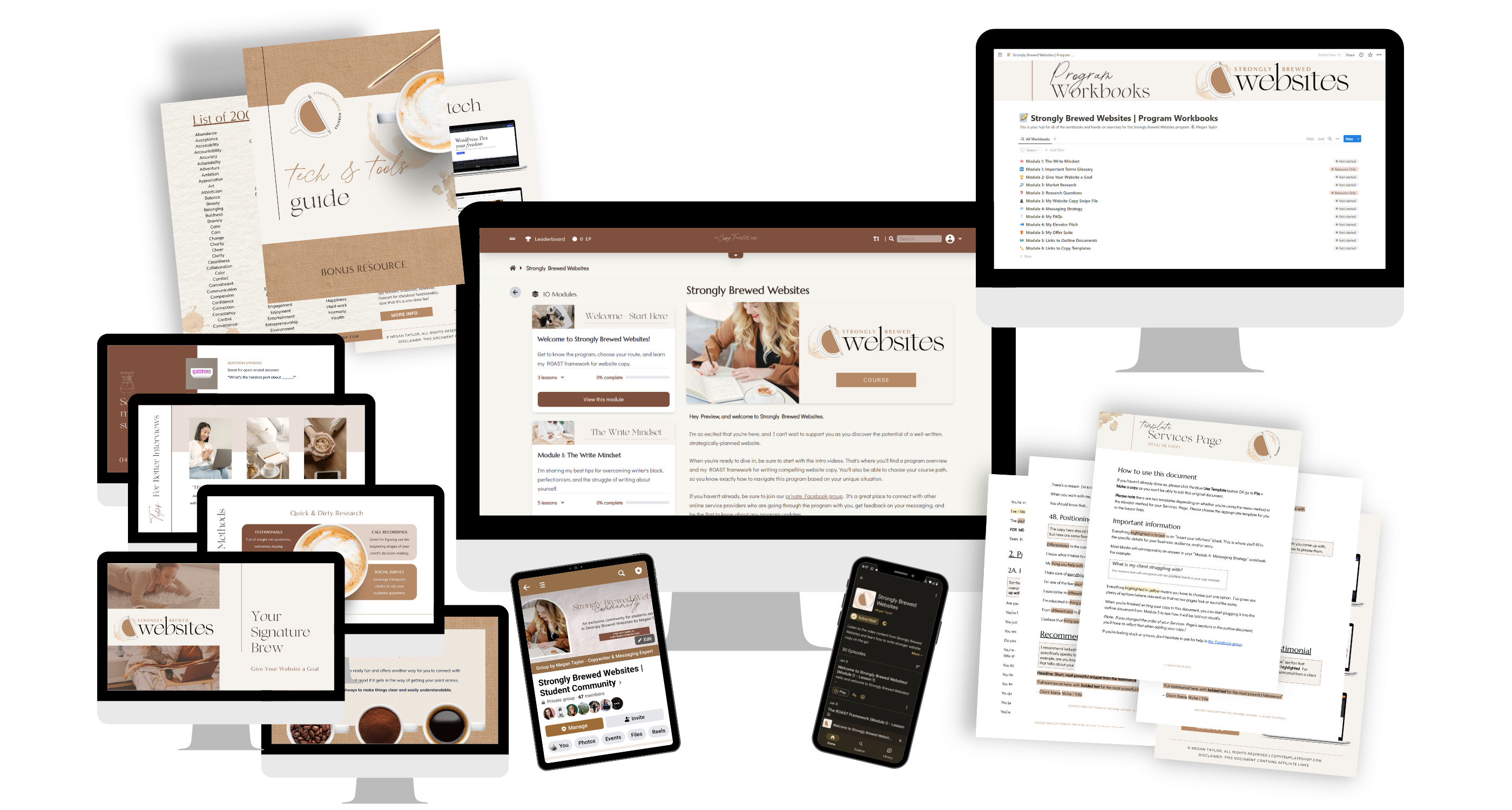 mockup showing the full contents of strongly brewed websites, a website copywriting course by megan taylor