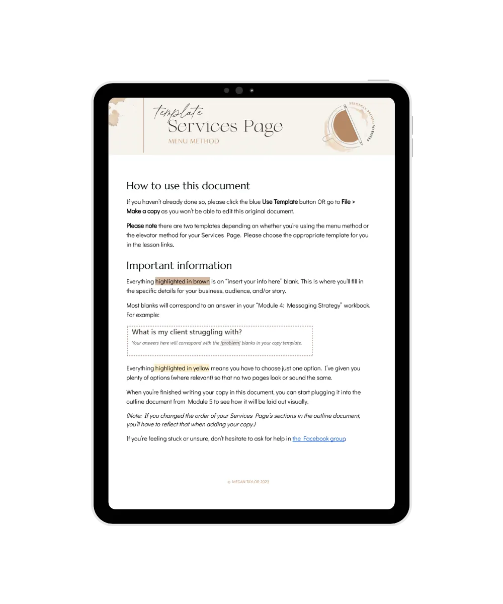 website copywriting template shown on a tablet