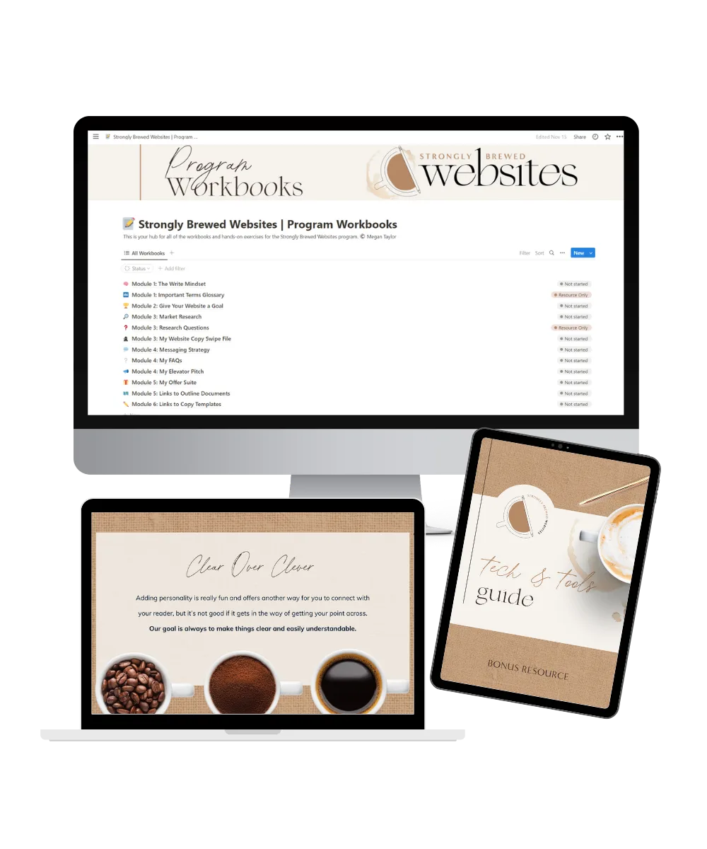 Desk flatlay — additional website copywriting resources included in Strongly Brewed Websites