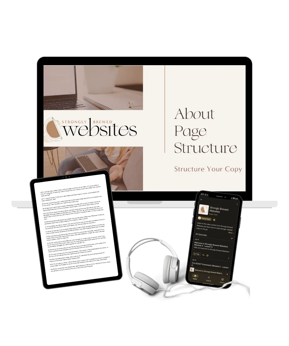 mockup of learning content of website copywriting course shown on a laptop, tablet, and smartphone with headphones