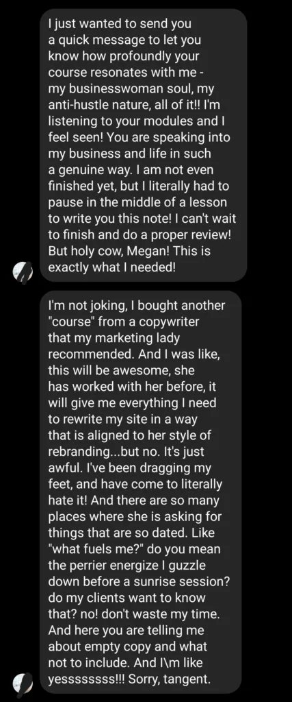 Written testimonial from a Strongly Brewed Websites student praising the website copywriting course structure, teaching style, and copy templates