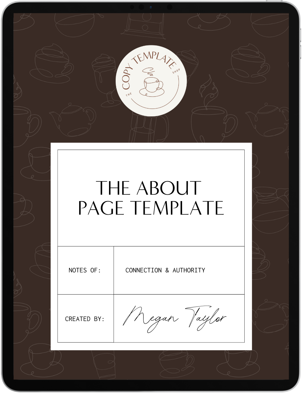 about page template from the copy template shop shown on a tablet