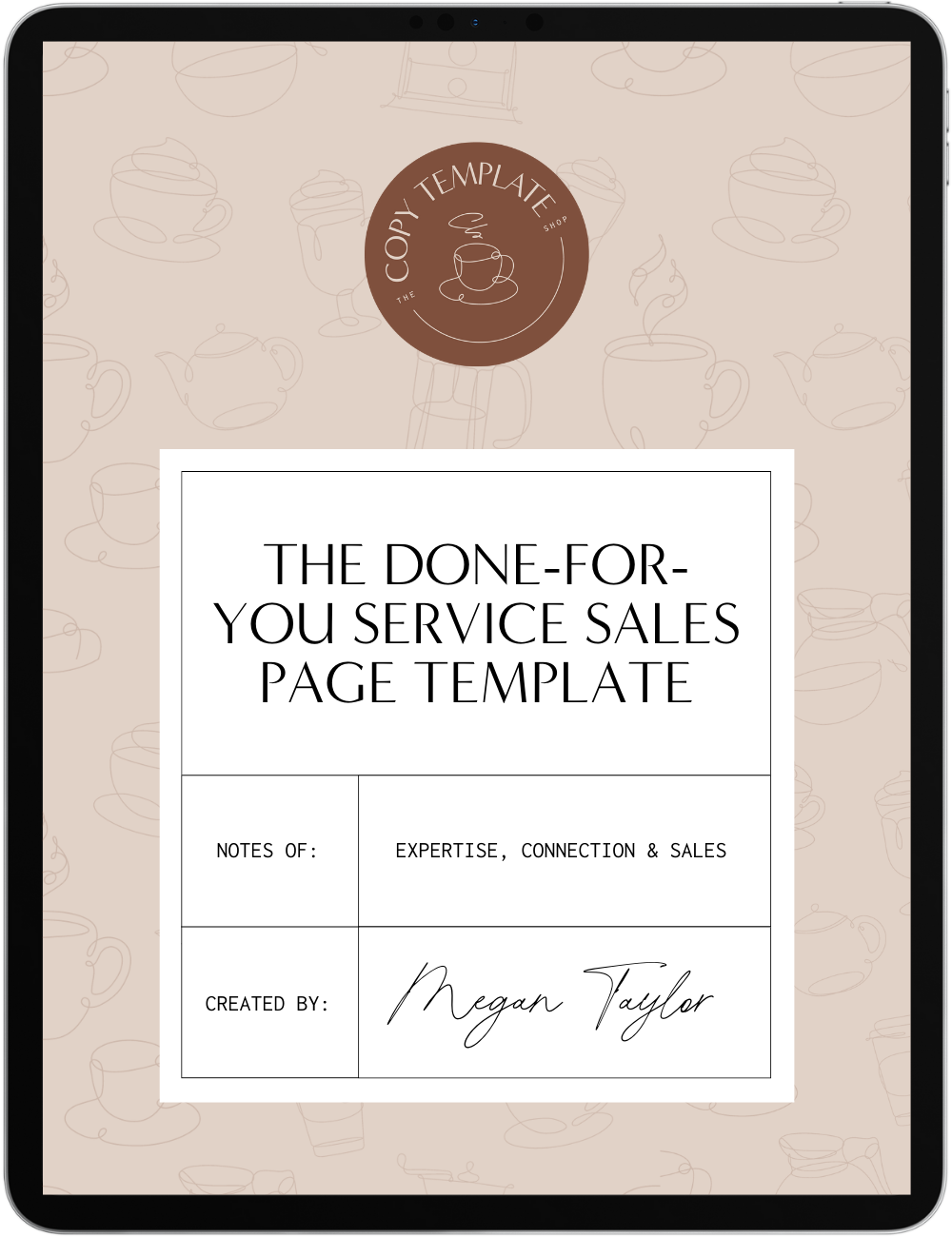 sales page template for done-for-you services by the copy template shop shown on a tablet