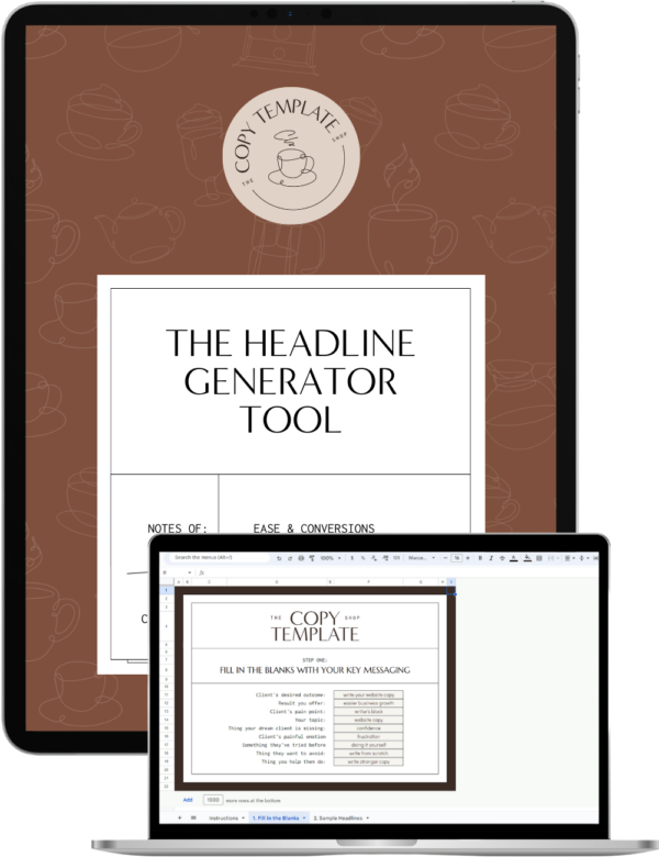 headline generator tool shown on a laptop with download document shown on tablet