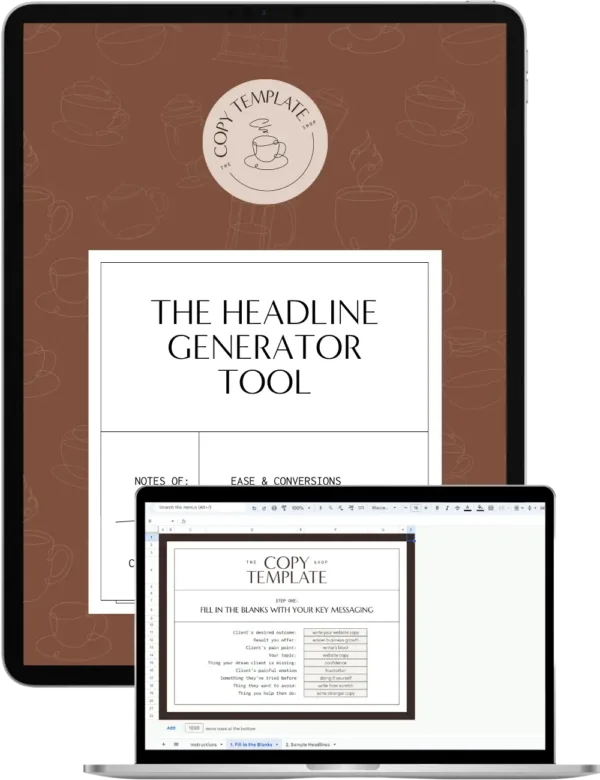 Headline Generator Tool shown on a laptop with a download document shown on a tablet