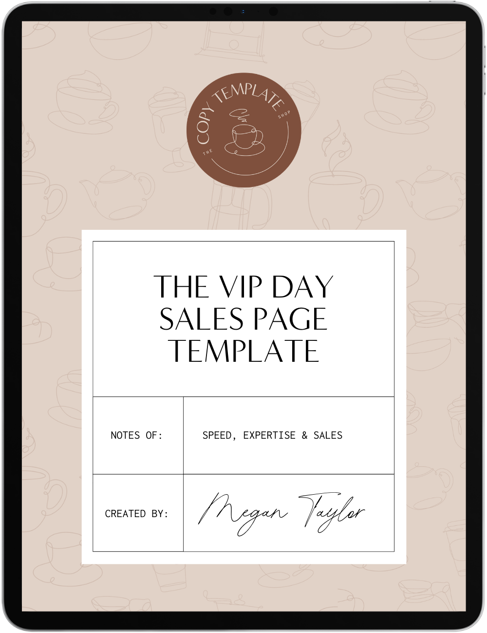vip day sales page template by the copy template shop on a tablet