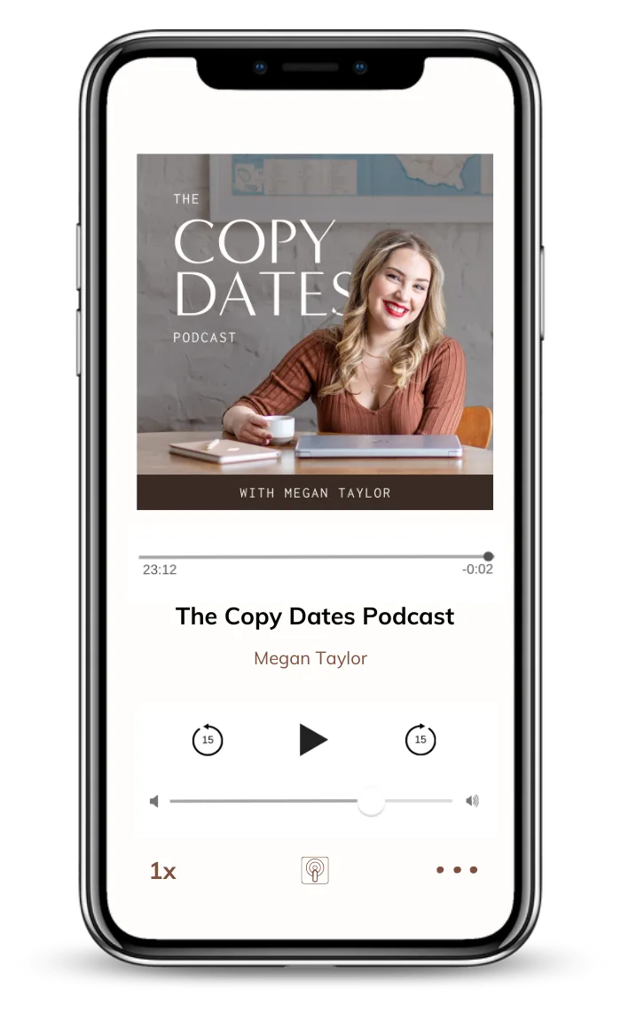 Smartphone displaying The Copy Dates Podcast by Megan Elliott on a podcast app, surrounded by headphones