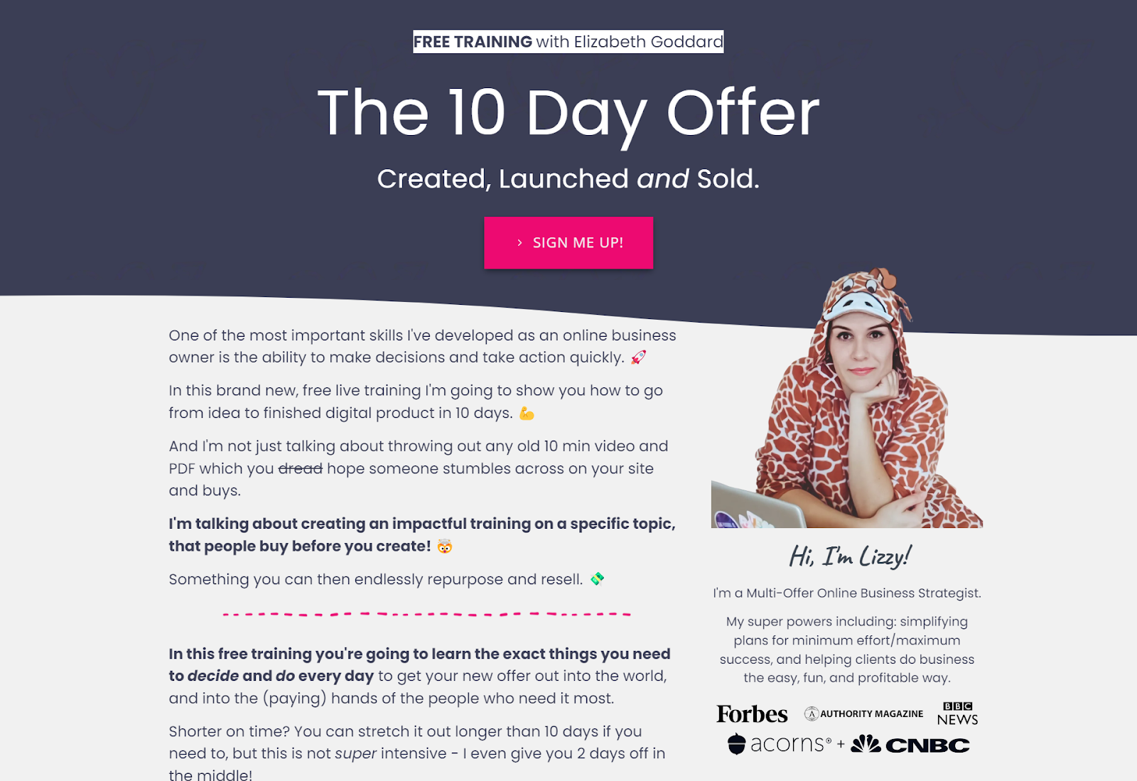Elizabeth Goddard's opt-in page for her "The 10 Day Offer" training