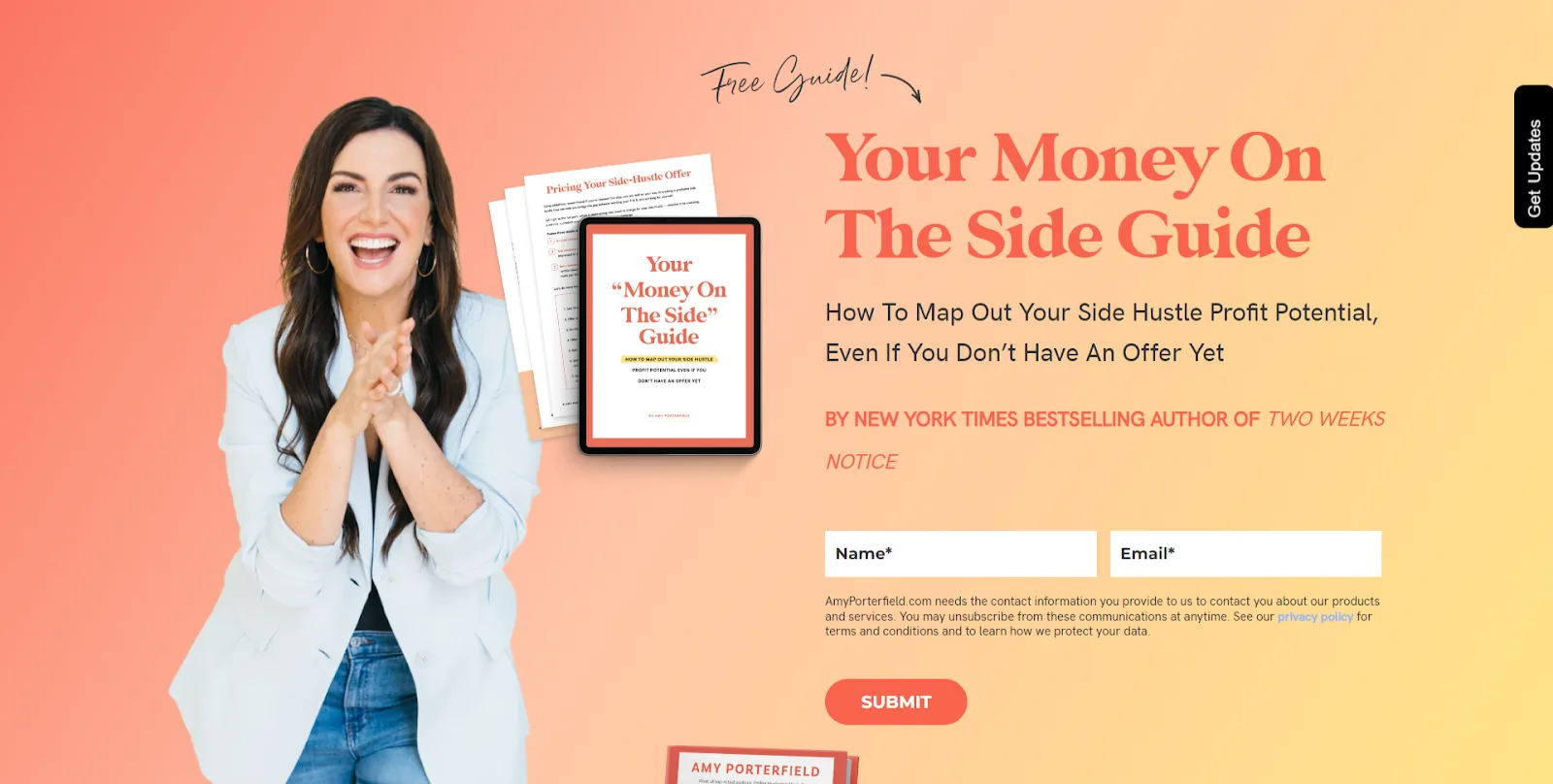 Amy Porterfield's opt-in page for her free "Your Money On The Side Guide"
