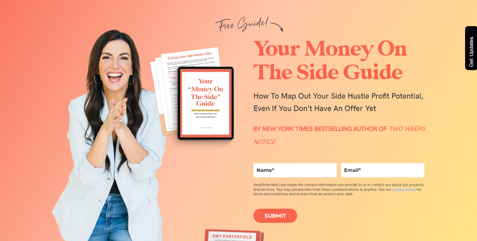 Amy Porterfield's opt-in page for her free "Your Money On The Side Guide"
