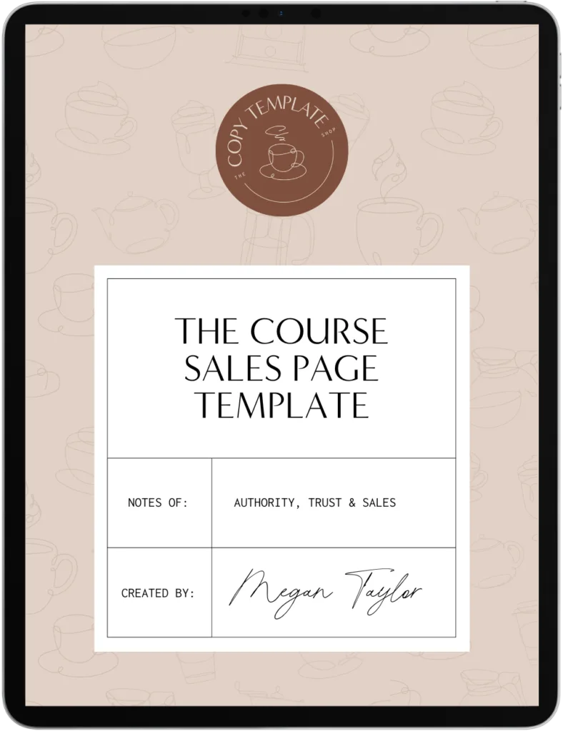 course sales page copy template shown on a tablet