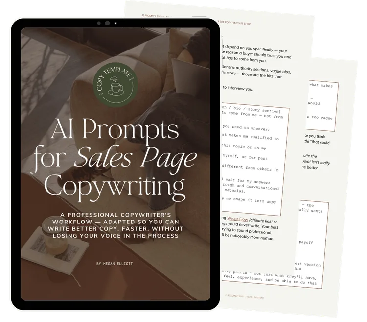 Mockup of the AI Prompts for Sales Page Copywriting free guide displayed on a tablet
