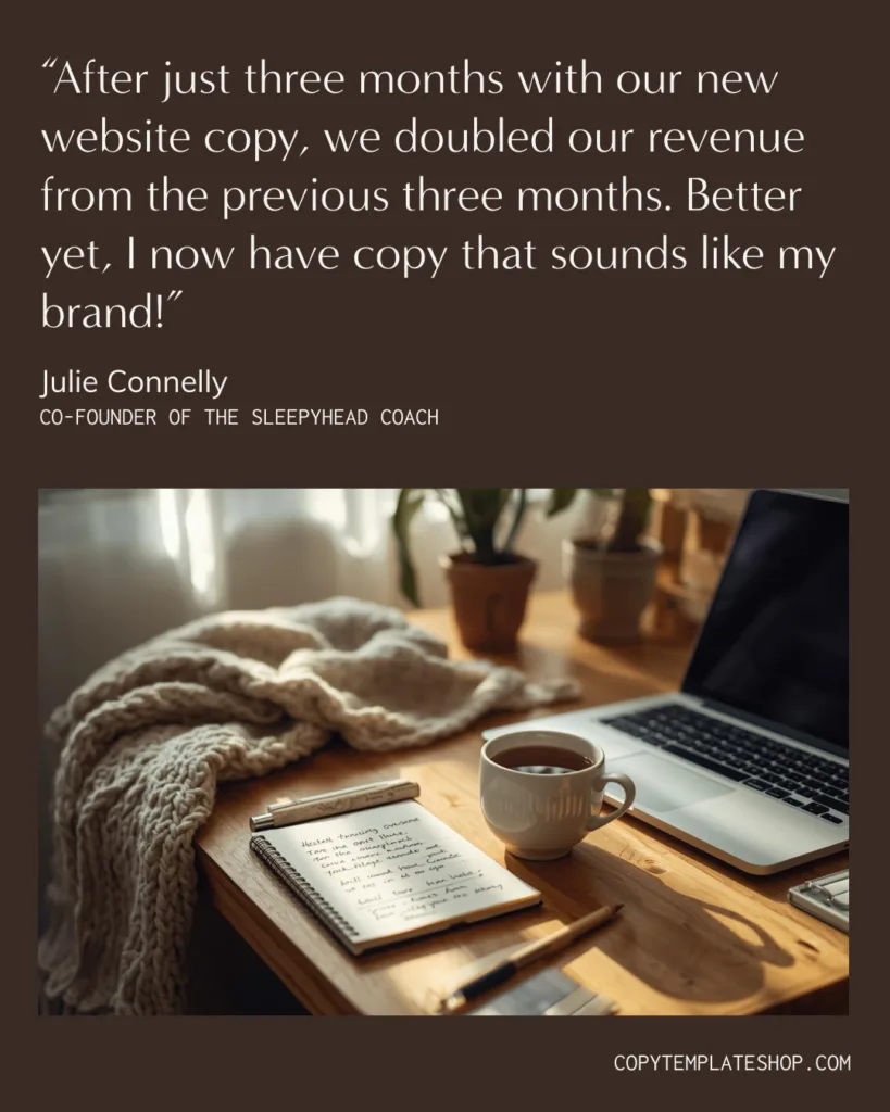 Student testimonial from Julie Connelly of The Sleepyhead Coach, whose revenue doubled in three months after rewriting her website copy with Strongly Brewed Websites