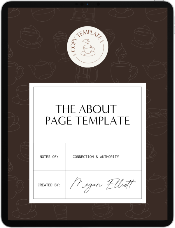 about page template from the copy template shop shown on a tablet