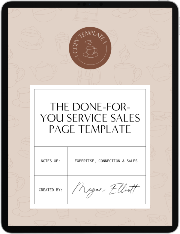 sales page template for done-for-you services by the copy template shop shown on a tablet