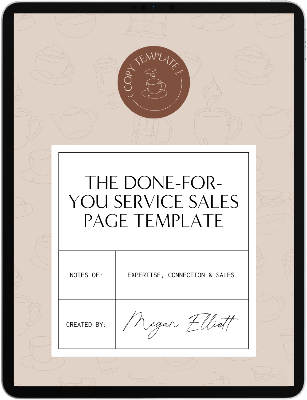 sales page template for done-for-you services by the copy template shop shown on a tablet