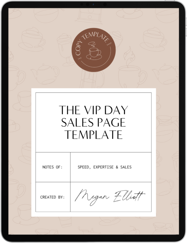 vip day sales page template by the copy template shop on a tablet