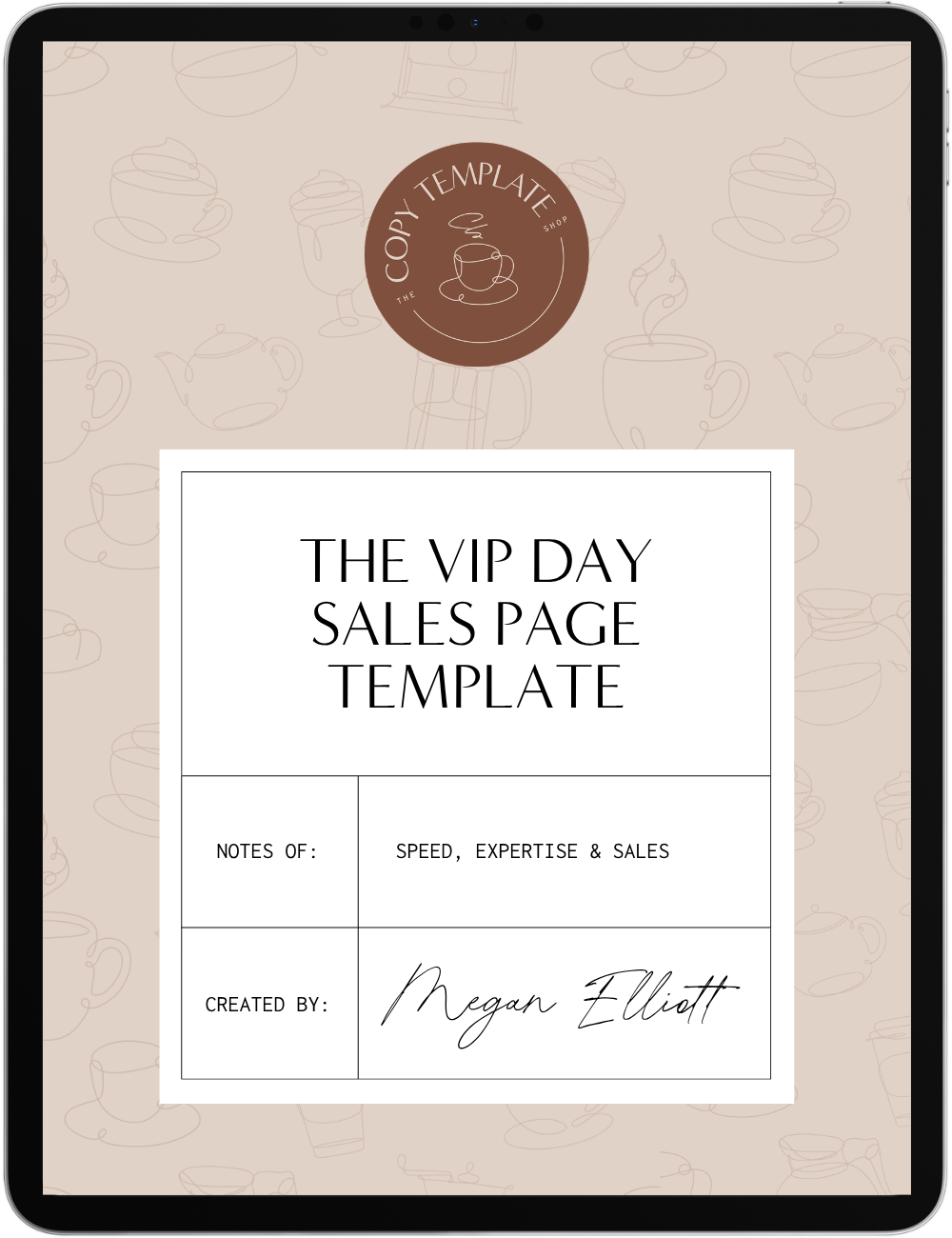 vip day sales page template by the copy template shop on a tablet