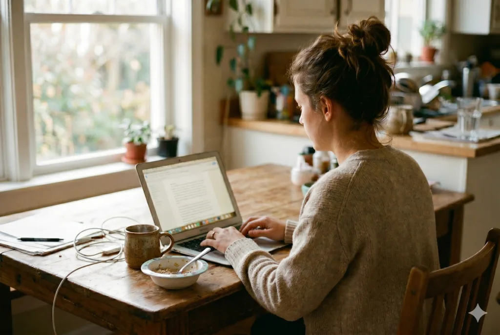 A woman works on a laptop at a kitchen table in the morning, a half-eaten bowl of cereal and a coffee mug beside her, soft light from the window.