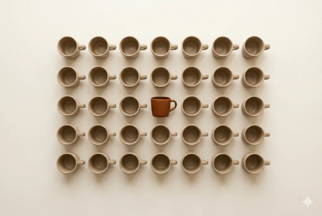 Rows of identical beige coffee mugs seen from above, with one warm terracotta mug standing out from the rest.