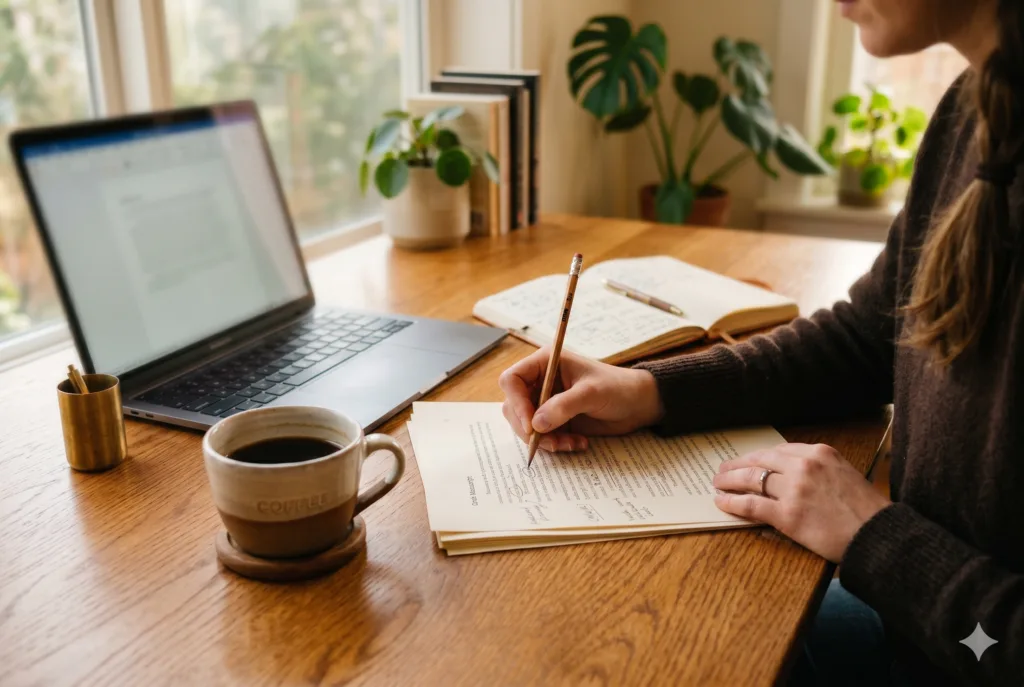 A person edits a printed draft with a pencil at a wooden desk, an open laptop, notebook, and cup of coffee nearby.