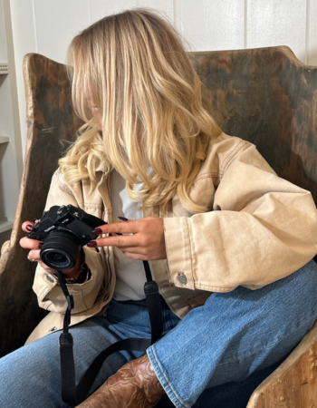 Online service provider with a camera in her cozy, on-brand studio — building a personal brand and brand voice that's hers