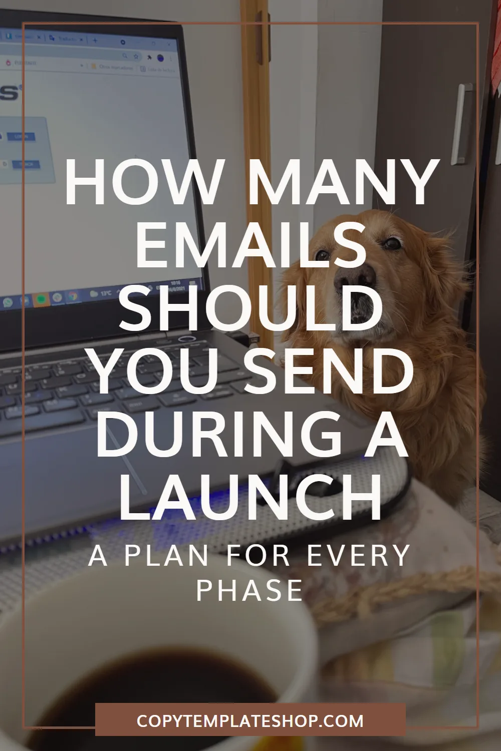 Pinterest pin: How many emails should you send during a launch? A plan for every phase, over a photo of a golden retriever beside a laptop and coffee